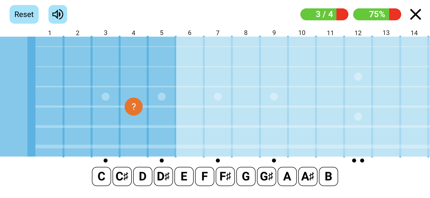 Fretboard trainer game screen