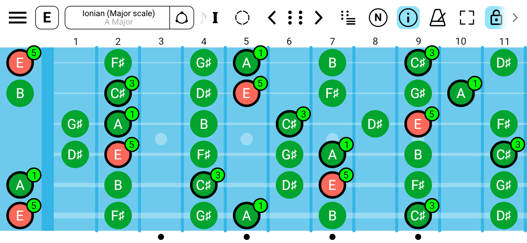 Highlighted scale chord intervals on the fretboard